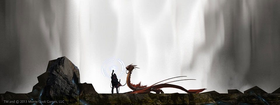 Et menneske og en drage i silhuett mot en vegg av is. Dragen har seletøy.