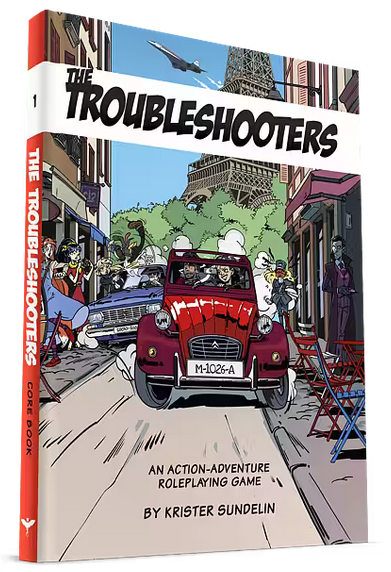 Rollespillboka for The Troubleshooters, med en tegning i tegneseriestil av en dramatisk biljakt gjennom en smal bygate